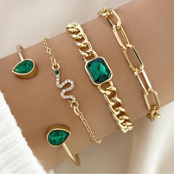 Anthropologie Jewelry - New 4piece high quality bracelet set 14k gold plated with green emerald crystal